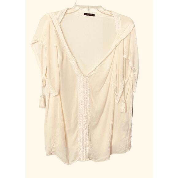 NYDJ LOS ANGELES PULL-ON BLOUSE, WOMENS, XL, LIGHT BEIGE/CREAM, PLUNGING V-NECK - Picture 1 of 9